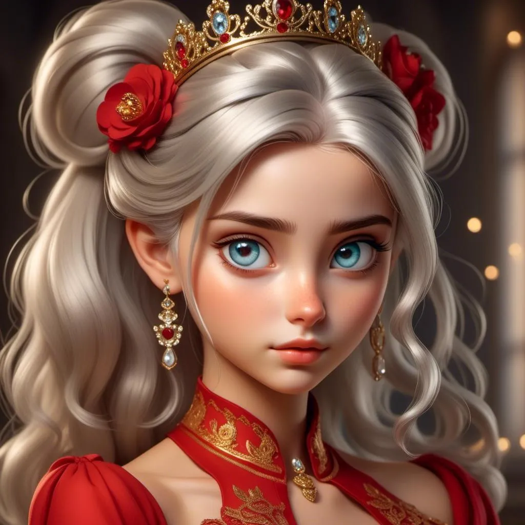 Prompt: <mymodel>High-quality digital painting of a teenage princess with blonde hair in a bun, wearing a stunning red dress, big pretty eyes, royal ambiance, detailed fabric textures, elegant crown, soft lighting, warm tones, professional, regal, detailed eyes, royal gown, digital painting, warm lighting, late teens, blonde bun hairstyle, royal ambiance