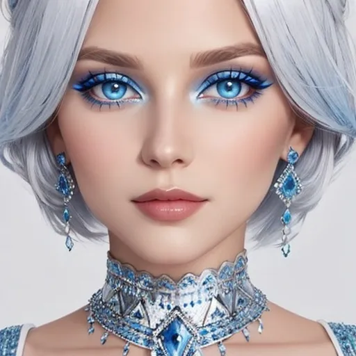 Prompt: A beautiful woman, white hair, blue eyes, blue eyeshadow, blue jewels o