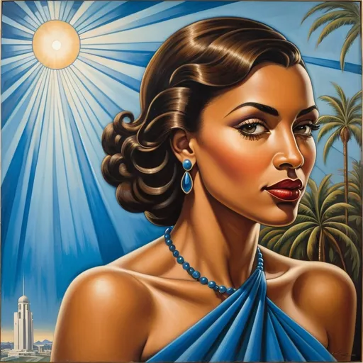 Prompt: a painting of a woman with dark hair and a blue dress , Ernie Barnes, art deco, modern art deco, an art deco painting