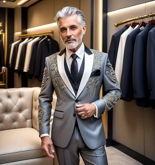 Prompt: A man with grey hair wearing a nice men's suit for music performance with embroidery and handwork of rhinestones on shoulders and arms in a luxurious showroom very classy and chic for music performance singer elegant and fancy full body