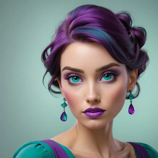 Prompt: Woman in colors of teal and purple