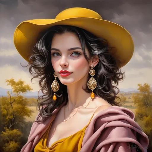 Prompt: <mymodel> a painting of a woman wearing a hat and a scarf  and earrings, Edwin Georgi, figurative art, extremely detailed oil painting, a photorealistic painting