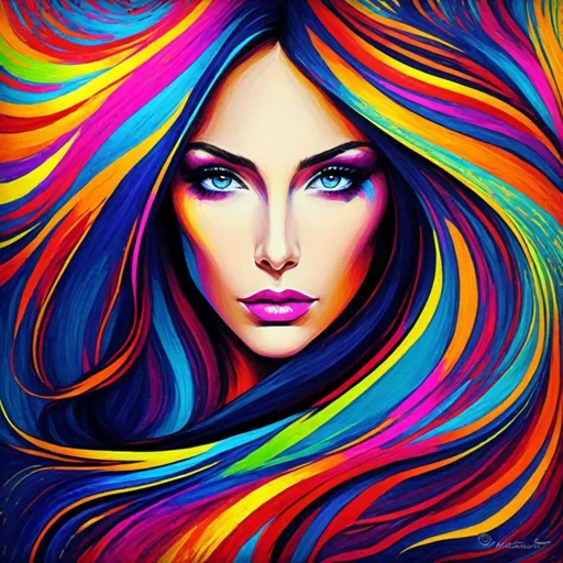 Prompt: a painting of a woman with long hair and blue eyes, with bright colors on her face and shoulders, artist, figurative art, highly detailed digital painting, a pop art painting<mymodel>