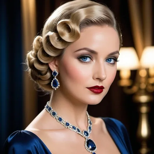 Prompt: <mymodel>Glamorously dressed 1930's lady, sapphire jewelry, blue eyes, vintage glam, luxurious satin gown, elegant updo hairstyle, detailed facial features, high-quality, vintage, glamorous, detailed sapphire jewelry, sophisticated makeup, atmospheric lighting, deep blue color tones, classic Hollywood style