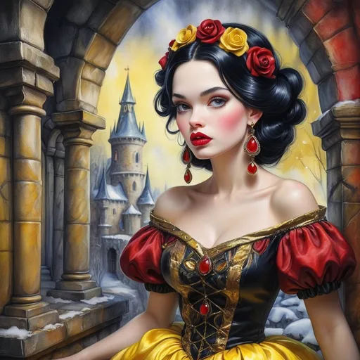 Prompt: <mymodel>Snow White.  beautiful woman, hair pinned up, yellow red black dress, earrings, Watercolor, trending on artstation, sharp focus,  by  Josephine Wall and Jasmine Becket-Griffith