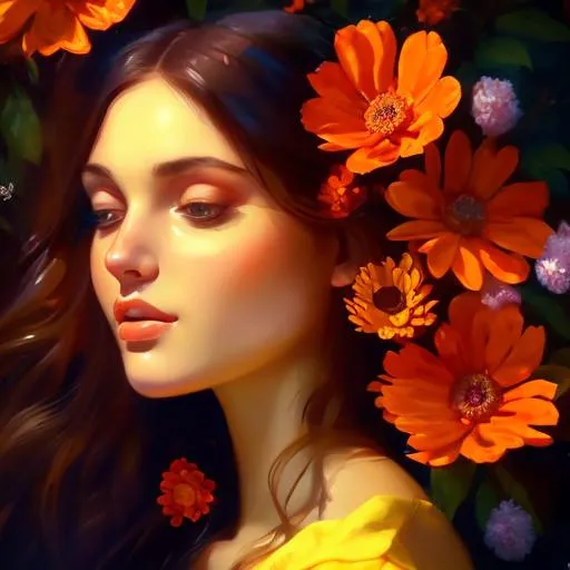 Prompt: Beautiful brunette woman surrounded by vibrant orange flowers, oil painting, soft and ethereal, high quality, detailed facial features, romantic, serene atmosphere, warm tones, natural lighting