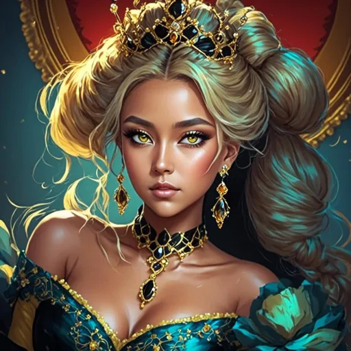 Prompt: <mymodel>Queen bee-A beautiful woman with golden hair arrainged in a top knot behind a gold tiara. Amber colored eyes, gown in colors of yellow and black, facial closeup