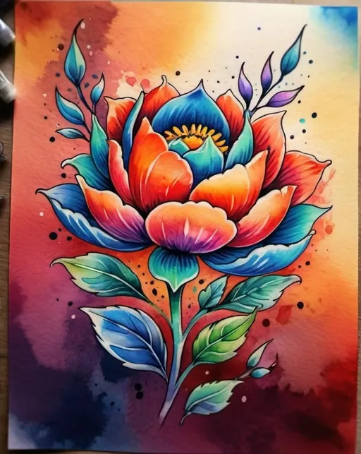 Prompt: Colorful flower tattoo, watercolor style, vibrant petals, intricate details, high quality, vibrant colors, floral design, professional tattoo art, artistic, beautiful, realistic, watercolor, detailed, highres, vibrant, intricate details, floral, professional, colorful, vibrant colors, watercolor style, artistic