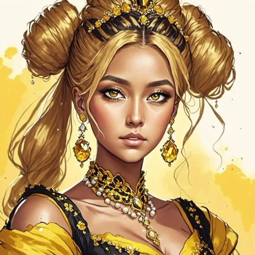 Prompt: <mymodel> An extremely gorgeous woman,  with pearl jewelry, in color scheme of yellow