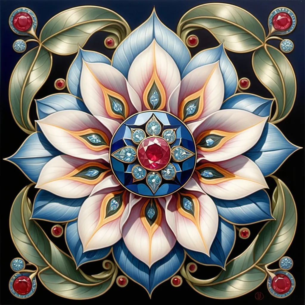 Prompt: a painting of a flower with leaves and a ruby stone in the center of the flower is a blue diamond, Amanda Sage, cloisonnism, in gouache detailed paintings, an airbrush painting