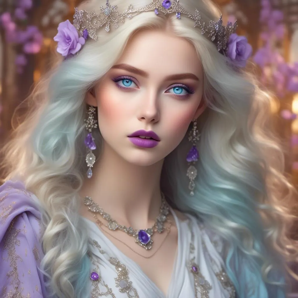 Prompt: <mymodel>Beautiful ethereal woman, long blonde hair,and icy blue eyes color, purple lipstick, facial closeup