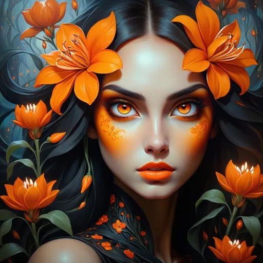 Prompt: Beautiful  hybrid woman with orange flowers sprouting from her, oil painting, detailed fiery eyes, ethereal glow, dark and mysterious, high quality, vibrant colors, surreal, haunting, intricate floral details, intense gaze, mystical atmosphere, oil painting, demon, hybrid, fiery eyes, ethereal, vibrant colors, surreal, haunting, floral details, intense gaze, mystical atmosphere