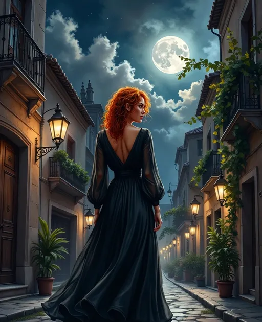 Prompt: Eine 25jährige frau im comic stil mit rotem lockigen haar und einem langen schwarzen kleid mit vielen details geht durch die nächtlichen gassen von barcelona im realistischen comic stil von michael humphries und leonardo da vinci. mond. dunkle wolken. mittelalterliche beleuchtete häuser. licht durch laternen. moody. dark. 8k. hd