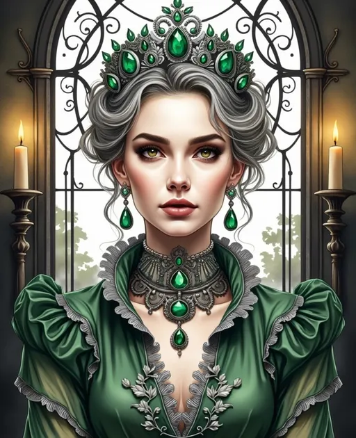 Prompt: This is a highly detailed, digital illustration in a gothic, fantasy style. The central figure is a regal, fair-skinned woman with striking green eyes and an intense, focused expression. She has silver-gray, intricately styled hair adorned with a silver crown embellished with green gemstones. Her makeup is subtle, with dark, arched eyebrows and a muted brown lipstick. She wears an elaborate, green velvet gown with ornate, silver lace trim and a high, ruffled collar. Her necklace, earrings, and choker are all adorned with large, green gemstones that match the crown and the candles on either side of her.

The background features a large, arched stained glass window with intricate black patterns, through which two lit candles are visible on either side, casting a warm, yellow glow. The overall color palette is dominated by green, silver, and black, creating a mystical and elegant atmosphere. The texture of the illustration is smooth with detailed line work, emphasizing the luxurious and gothic elements of the character's attire and the setting. The woman's poised and commanding presence is highlighted by her elaborate, regal attire and the gothic, ornate background.