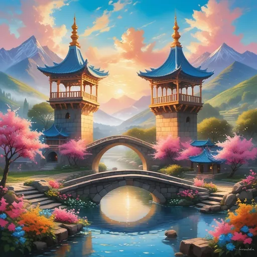 Prompt: Bathed in the soft, golden light of dawn, two intricately designed blue towers rise majestically, adorned with whimsical vines and blossoms that spill over in a riot of color. The landscape is alive with vibrant pink and blue flowers, framing a serene stone bridge that arches gracefully over a glistening river. In the background, gentle mountains loom under a sky painted with fluffy clouds, reflecting the warm hues of the rising sun. The scene evokes a sense of tranquility and magic, inviting viewers into a fantastical realm where nature and artistry blend harmoniously. As the light dances on the water's surface, the atmosphere is imbued with a dreamlike quality that stirs the imagination.