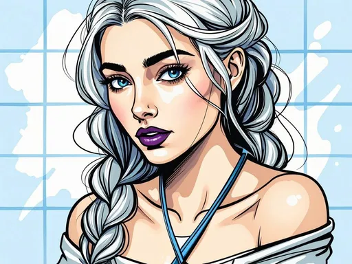Prompt: This is a digital illustration of a young woman with a striking, stylized appearance. She has fair skin and long, silver-blonde hair that is intricately braided into two thick pigtails, each braid falling over her shoulders. Her blue eyes are vivid and slightly almond-shaped, with dark, well-defined eyebrows that contrast sharply with her light hair. She wears dark, matte purple lipstick, which adds a dramatic element to her otherwise soft and delicate facial features. Her expression is serious and slightly intense, with a subtle frown.

She is dressed in a casual yet slightly formal outfit, consisting of a light blue t-shirt and a white, unbuttoned cardigan that hangs loosely off her shoulders. The background is a blue, grid-like pattern with faint, overlapping lines, giving a sense of depth and complexity. The illustration style is reminiscent of modern comic art, with clean, bold lines and a mix of soft and sharp shading techniques. The overall color palette is cool-toned, dominated by blues and whites, which contrasts with her purple lipstick. The image has a slightly futuristic and stylized feel, emphasizing the character's unique appearance and expression.