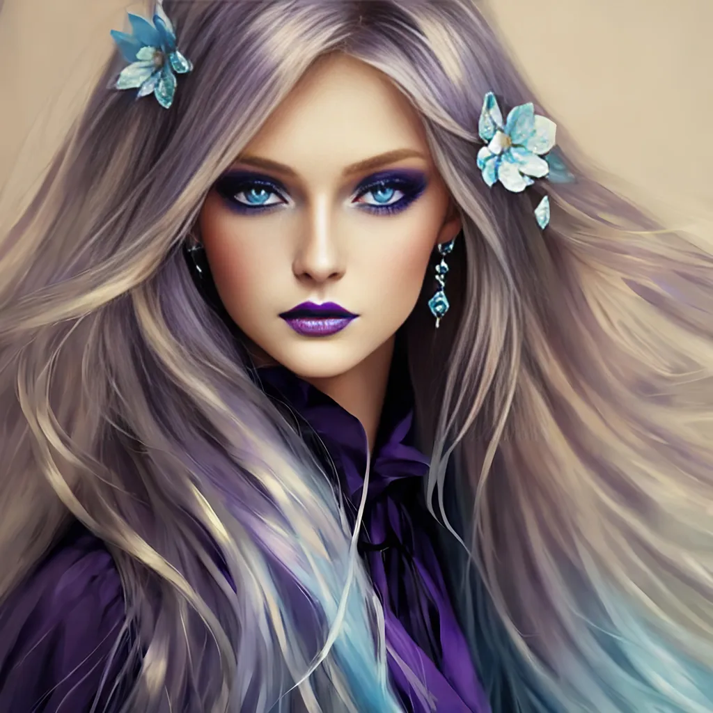 Prompt: <mymodel>Beautiful ethereal woman, long blonde hair,and icy blue eyes color, purple lipstick, facial closeup