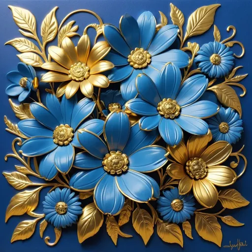 Prompt: blue and gold flowers