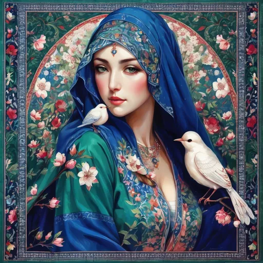 Prompt: A colorful design in the dimensions of 140x140 centimeters, its main theme is white and red, there are pomegranates and cherry blossoms in it, and some green leaves and branches and traditional Iranian designs are used, and there are small birds in it.