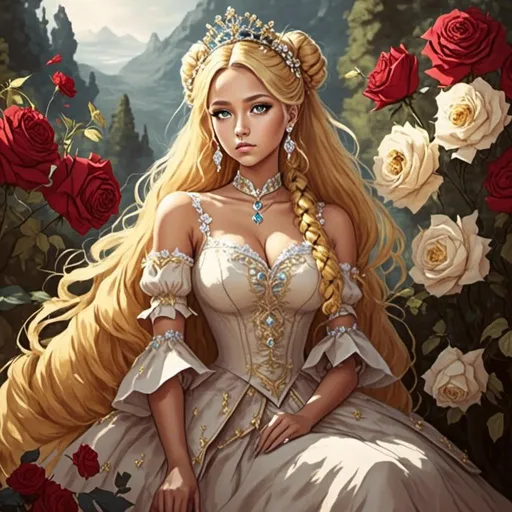 Prompt: <mymodel>Fairy tale, beautiful girl with white skin, (perfect face), light golden hair, blue pupils, red lips, forest style, mysterious, vintage fashion-dresses, with a transparent crystal crown on her head, the woman's body is so white Glows, (high detail) sitting on an oversized red rose, hyperdetail, ultra high definition.<mymodel>