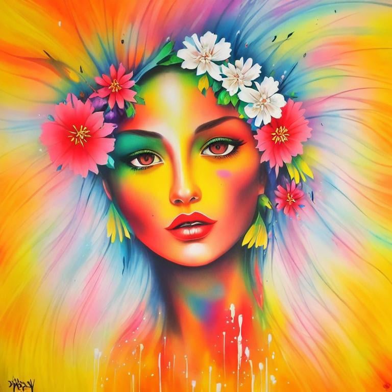 Prompt: Flower Siren graffiti art, splash art, street art, spray paint, oil gouache melting, acrylic, high contrast, colorful polychromatic, ultra detailed, ultra quality, CGSociety