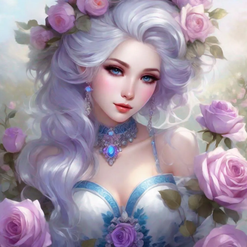 Prompt: A beautiful woman, white hair with pastel purple highlights, violet eyes, blue eyeshadow, pastel blue roses in her hair, blue jewels on forehead