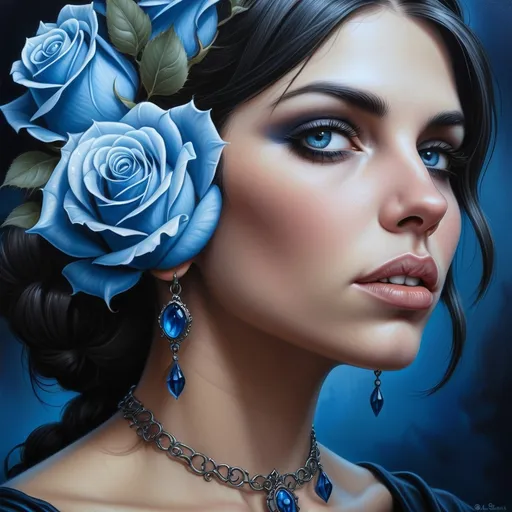 Prompt: a painting of a woman with blue roses in her hair and a necklace on her head, with a blue background, Anne Stokes, gothic art, highly detailed digital painting, a photorealistic painting