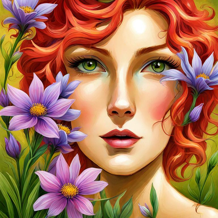 Prompt: a fairy of spring, ,wildflowers, vivid colors,  facial closeup