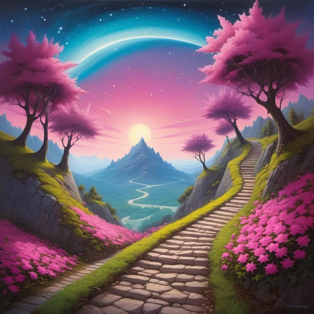 Prompt: a  quirky, colorful painting of a pathway leading to a star filled sky with pink flowers and trees on the side of a mountain, Chris LaBrooy, fantasy art, fantasy artwork, an oil painting