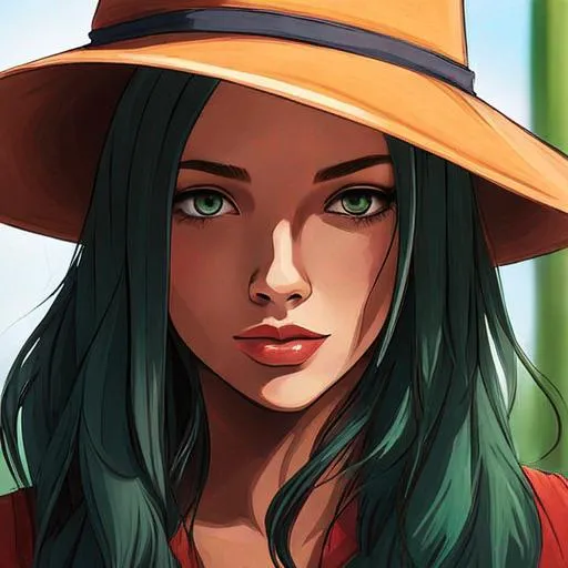 Prompt: girl with a floppy hat, green eyes