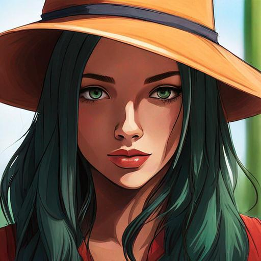 Prompt: girl with a floppy hat, green eyes