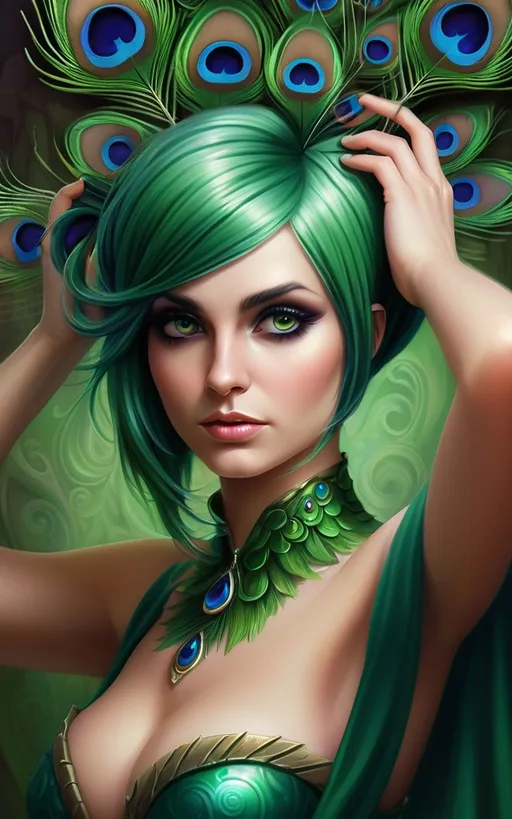 Prompt: a woman with green hair and a peacock costume on her head and a peacock tail on her head and a peacock tail on her head, Anne Stokes, fantasy art, highly detailed digital painting, a photorealistic painting