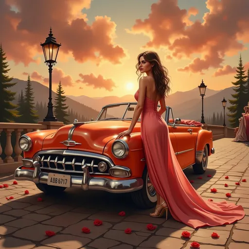Prompt: This is a highly detailed, digitally-created CGI image featuring a stunning woman and a classic vintage car set against a picturesque sunset backdrop. The woman, standing with her back to the viewer, has long, wavy brown hair cascading down her back. She is wearing a floor-length, form-fitting, coral pink gown with a deep V-neck and spaghetti straps, accentuating her curvaceous figure and hourglass shape. Her dress has a flowing train that extends onto the cobblestone pavement. She is also wearing high-heeled sandals.
The vintage car she is leaning against is an orange classic convertible with a shiny, polished exterior, chrome accents, and a distinctive front grille. The car's top is down, and it has a license plate at the front. Red rose petals are scattered on the cobblestone ground and around the car.
The background features a serene, mountainous landscape with tall pine trees and a clear, orange-hued sky filled with fluffy clouds. Black, ornate street lamps are positioned on either side of the stone balcony where the scene is set. The overall mood is romantic and nostalgic, with a warm, golden glow enhancing the image's beauty and elegance.