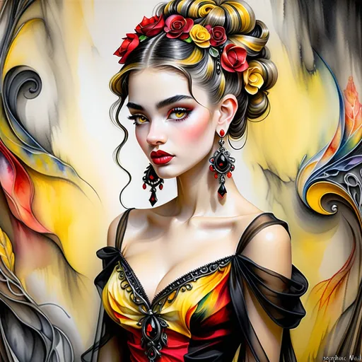 Prompt: <mymodel> beautiful woman, hair pinned up, yellow red black dress, earrings, Watercolor, trending on artstation, sharp focus, studio photo, intricate details, highly detailed, by  Josephine Wall and Jasmine Becket-Griffith