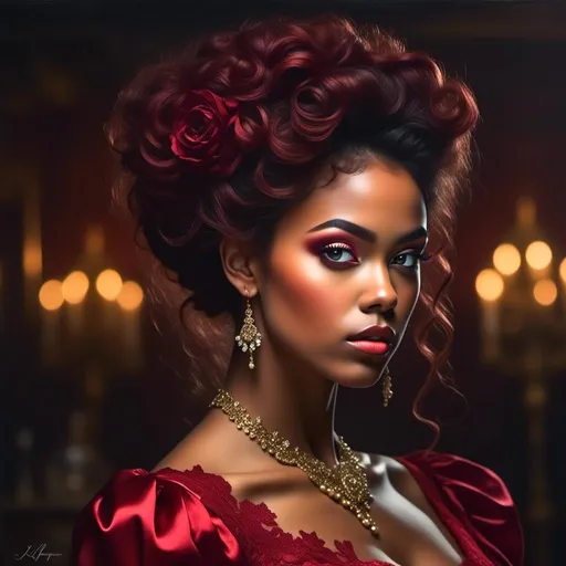 Prompt: <mymodel> Powerful Victorian woman with voluminous wine-red curly updo, elegant Victorian attire, detailed lace, regal posture, intricate jewelry, luxurious fabric, intense gaze, oil painting, high quality, Victorian era, regal, detailed hair, elegant, luxurious, intense gaze, detailed lace, oil painting, atmospheric lighting