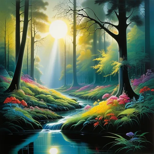 Prompt: a stream in a forest with trees and grass on both sides of it and a bright sun shining through the trees, bright bursts of colorful flowers.  Eyvind Earle, magic realism, fantasy artwork, an airbrush painting