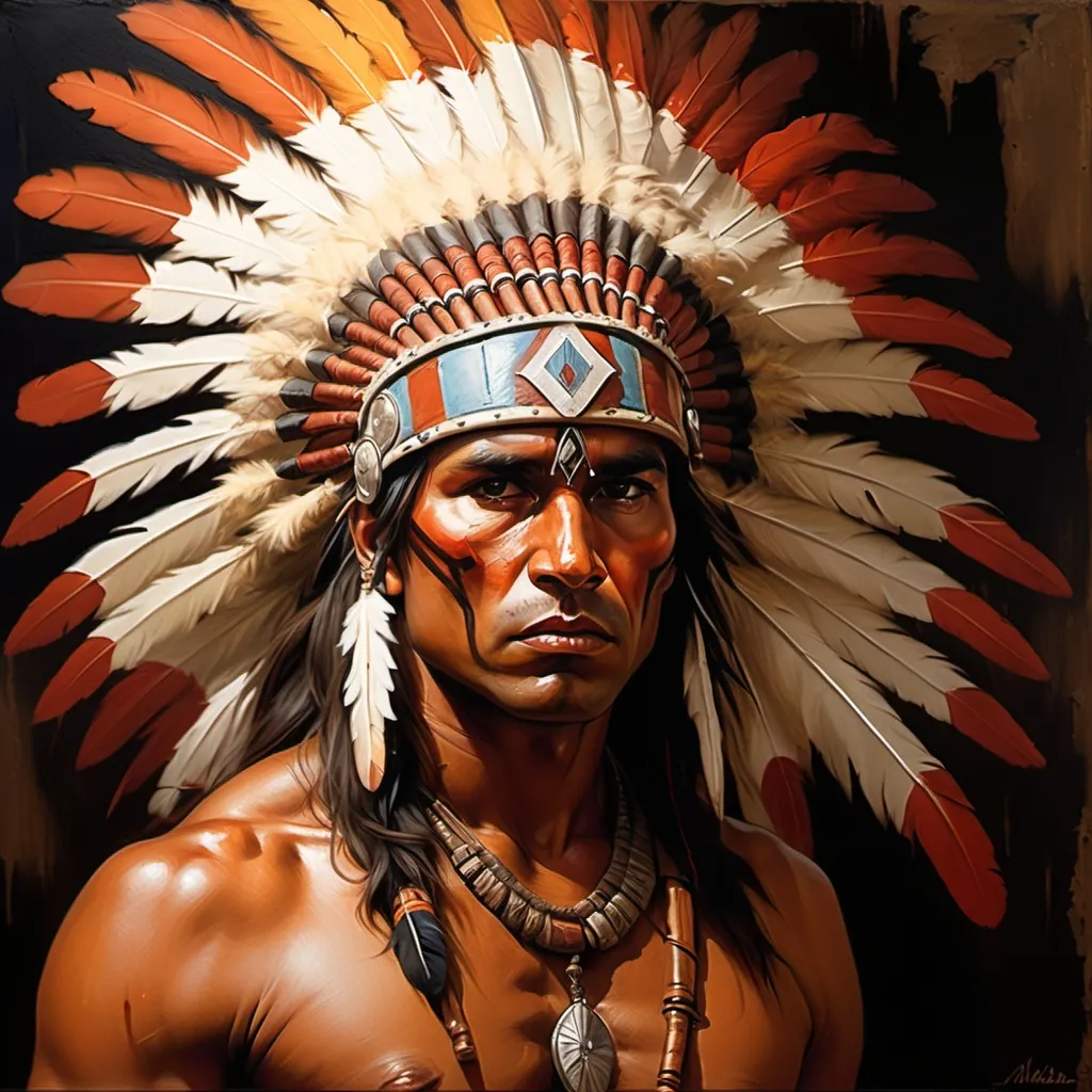 Prompt: Indian warrior, traditional oil painting, feathered headdress, intense gaze, war paint, high quality, realistic, warm tones, dramatic lighting