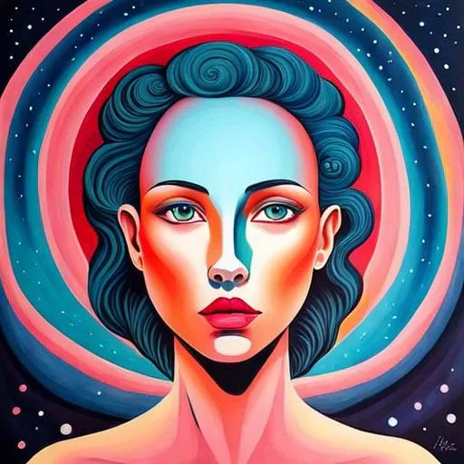 Prompt: Surreal portrait of beautiful female, cosmic landscape background, acrylic on canvas in style of post modernism 