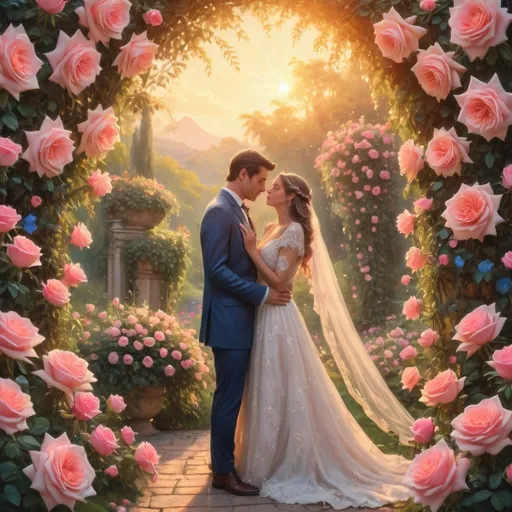 Prompt: In a lush floral setting, a couple stands serenely immersed in each other's gazes, framed by an abundance of vibrant pink roses and sparkling blue jewels that adorn the greenery around them. The warm, golden glow of a setting sun bathes the scene in soft light, creating an enchanting atmosphere filled with love and warmth. The bride, adorned in a delicate white gown with off-the-shoulder lace detailing, gently embraces her partner, who is dressed in a light gray suit, embodying a moment of blissful intimacy. Their expressions radiate joy and romance, suggesting a celebration of a cherished occasion, while the rich colors and dreamy backdrop evoke a fairy tale-like quality. The overall mood is one of tenderness and connection, perfectly capturing the essence of love in nature's embrace.