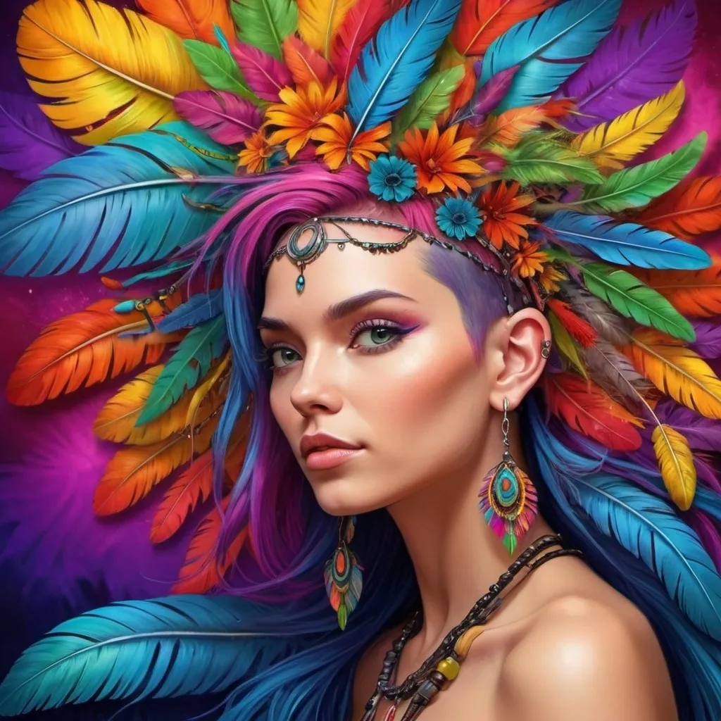 Prompt: <mymodel> a woman with colorful hair and earrings on her head, with a colorful background of feathers and leaves on her head, Android Jones, psychedelic art, highly detailed digital painting, an airbrush painting