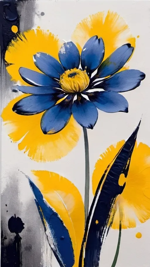 Prompt: This is a vibrant, abstract painting rendered in a thick, expressive, oil-on-canvas style. The central focus of the image is a large, radiant yellow flower with elongated petals and a blue circular center. The petals have a slightly translucent quality, with visible white highlights that give them a three-dimensional appearance. Surrounding the main flower are several smaller yellow flowers and buds, some of which are partially open, adding to the dynamic composition. The background is a rich, deep blue, which contrasts strikingly with the bright yellow of the flowers. The blue background features swirling, brushstroke patterns that add movement and energy to the piece. There are also hints of green and red in the background, adding subtle variations in color and depth. The texture of the painting is highly visible, with thick, expressive brushstrokes that create a sense of depth and tactile quality. The overall style is reminiscent of impressionist and expressionist influences, with a focus on bold color contrasts and dynamic forms. The artist's signature is visible in the bottom right corner, adding a personal touch to the artwork.