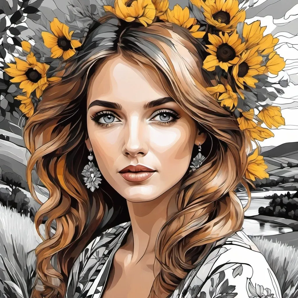 Prompt: <mymodel>Beautiful italian lady in an beautiful landscape of Umbrië, Style Flora Bowley and Vincent van Gogh,8k, dynamic lighting, ultra detailed