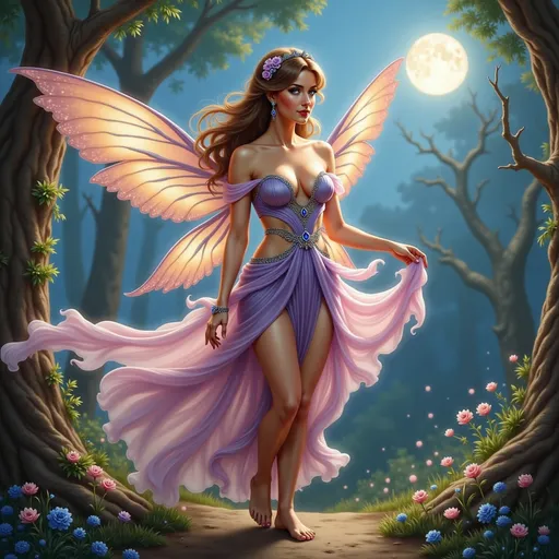 Prompt: fairy goddess, ethereal beauty, delicate wings shimmering in soft moonlight, flowing gown adorned with blossoms, surrounded by a magical forest, gentle glows illuminating her, enchanting ambiance, whimsical nature, dreamy atmosphere, high detail, vibrant colors, nature-inspired elements, fantasy art, ethereal lighting, ultra-detailed, captivating scene.