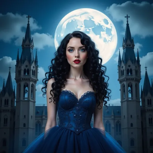 Prompt: Under the luminous glow of a full moon, a striking woman stands gracefully against a backdrop of majestic, Gothic-style towers and intricate architecture, reminiscent of a fairytale landscape. Dressed in an elegant, deep blue gown adorned with delicate floral patterns, her long, flowing black hair cascades over her shoulders, framing her serene profile. The night sky is a rich tapestry of blues, with wispy clouds drifting softly and stars sparkling in their midst, adding to the enchanting atmosphere. The scene is suffused with a mystical ambiance that evokes feelings of wonder and nostalgia, as if the viewer has stepped into a dreamscape where magic is palpable. The combination of the moonlight and the detailed structures surrounding her creates a striking contrast, drawing the eye to both her elegance and the grandeur of the setting.