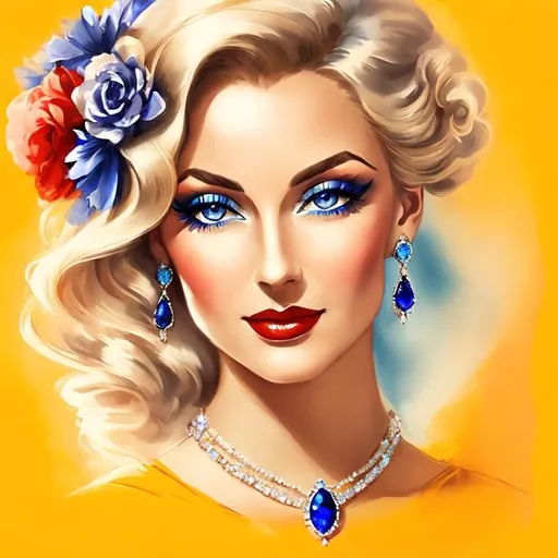 Prompt: Glamorously dressed lady of rhe 1930's wearing sapphire jewelry,blue eyes