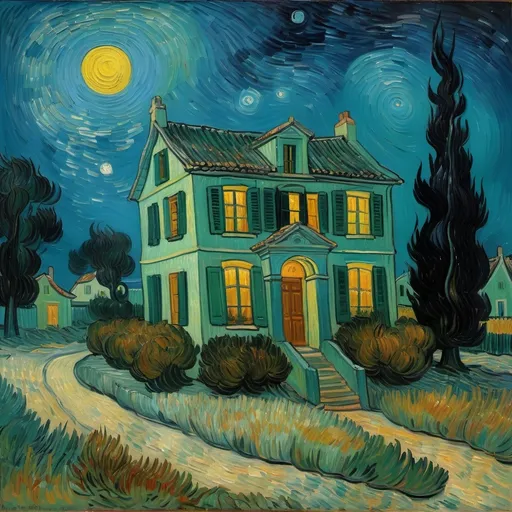 Prompt: Oil Painting of a home with background  by Vincent van Gogh , at night, moonlight, colorful 