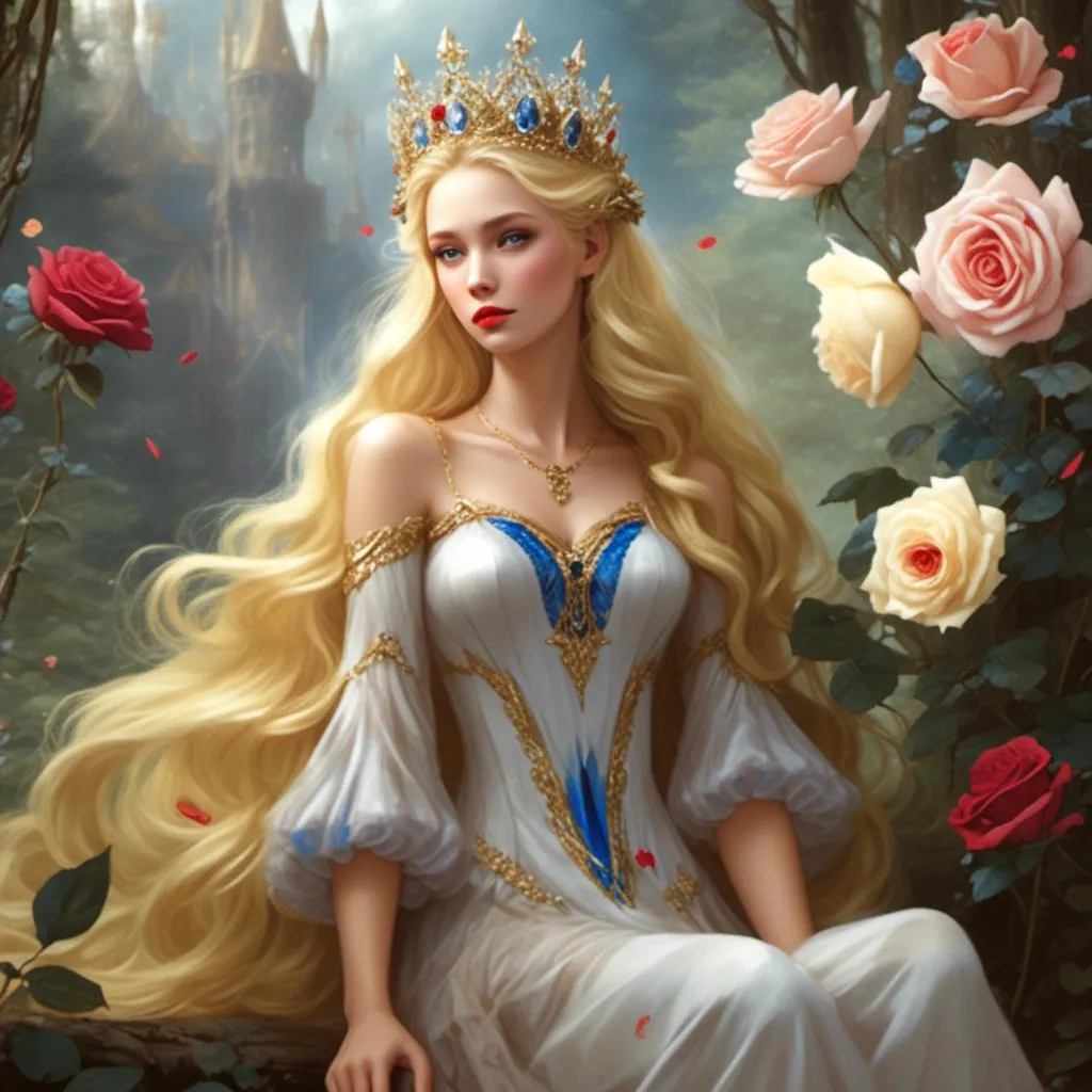 Prompt: <mymodel>Fairy tale, beautiful girl with white skin, (perfect face), light golden hair, blue pupils, red lips, forest style, mysterious, vintage fashion-dresses, with a transparent crystal crown on her head, the woman's body is so white Glows, (high detail) sitting on an oversized red rose, hyperdetail, ultra high definition.<mymodel>