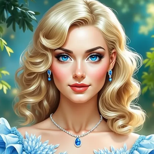 Prompt: A woman dressed in a blue dress, blue eyes, sapphire jewelry, long flowing hair