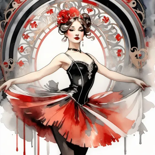 Prompt: young lady ballerina, watercolors, black, gray, white and red, with big attitude, on vaudeville stage