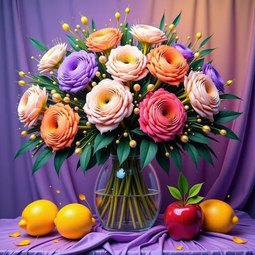 Prompt: A stunning bouquet bursts with life, showcasing an exquisite arrangement of roses in soft shades of lavender, peach, and cream, their petals intricately layered and inviting. Nestled among the blooms are delicate buds, adding a touch of youthful vibrancy, while lush green leaves embrace the floral display. The flowers are elegantly placed within a clear glass vase, which stands on a smooth wooden surface draped with a rich, folded purple cloth. To one side, bright yellow lemons and a deep red apple introduce a refreshing contrast, enhancing the overall warmth and inviting atmosphere of the scene. The soft, diffused lighting creates a gentle play of shadows and highlights, imbuing the composition with a serene and harmonious mood.